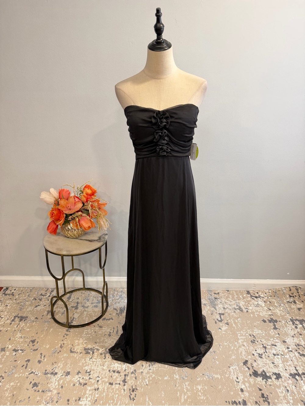 Windsor New Bell Black Strapless Ruched Bodice With Roses Maxi Dress - Size L